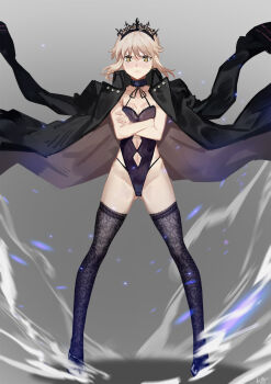 1girl artoria_pendragon_(fate) bare_hips black_jacket black_thighhighs blonde_hair blush breasts cleavage club3 crossed_arms fate/grand_order fate_(series) female_focus frown gluteal_fold highleg highres jacket lace lace-trimmed_legwear lace_trim legs_apart leotard looking_at_viewer saber_alter saber_alter_(swimsuit_rider)_(third_ascension) solo standing thighhighs tiara yellow_eyes