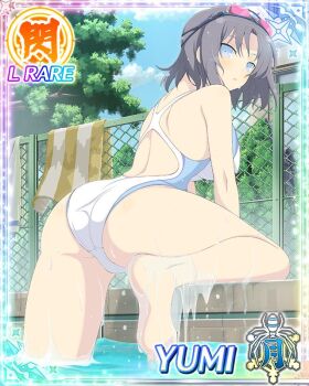1girl ass ass_focus blue_eyes border breasts card_(medium) character_name climbing competition_swimsuit day from_behind game_cg goggles goggles_on_head grey_hair highleg highleg_one-piece_swimsuit large_breasts leg_up looking_at_viewer looking_back medium_hair official_art one-piece_swimsuit outdoors parted_lips poolside racerback senran_kagura senran_kagura_new_wave solo swimsuit third-party_source two-tone_swimsuit water wet white_one-piece_swimsuit yumi_(senran_kagura)