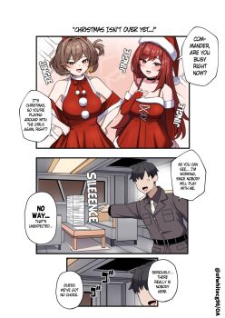 1boy 2girls anis_(nikke) bare_shoulders black_hair border breasts brown_eyes brown_hair choker comic commander_(nikke) cowboy_shot dress elbow_gloves fingerless_gloves gloves goddess_of_victory:_nikke gradient_background hat highres indoors large_breasts looking_at_viewer matching_hair/eyes military_uniform multiple_girls o-los open_mouth rapi_(nikke) red_dress red_eyes red_gloves red_hair santa_hat short_hair sleeveless smile speech_bubble standing table translated white_border