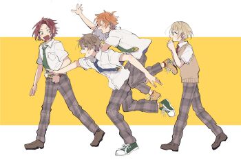 Rule 34 | 4boys, akehoshi subaru, arm up, bangs pinned back, blonde hair, blue necktie, brown hair, brown pants, brown shoes, brown sweater vest, closed eyes, commentary, ensemble stars!, from side, full body, green eyes, green necktie, green shoes, isara mao, jumping, male focus, mitobinyo, multiple boys, necktie, open mouth, orange hair, outstretched arm, pants, plaid clothes, plaid pants, red hair, red necktie, shiratori aira (ensemble stars!), shirt, shoes, short sleeves, smile, sweater vest, symbol-only commentary, takamine midori, white shirt, yumenosaki school uniform (summer)