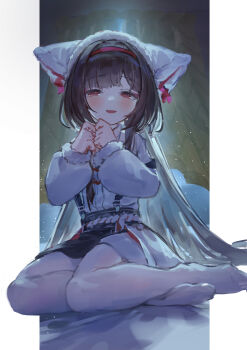 1girl absurdres azur_lane black_hair black_skirt blush chang_feng_(azur_lane) chang_feng_(cozy_spring_cleaning)_(azur_lane) commentary_request curtains fur-trimmed_sleeves fur_trim hairband highres long_hair long_sleeves looking_at_viewer open_mouth own_hands_together pantyhose red_eyes red_hairband sitting skirt solo suspender_skirt suspenders very_long_hair white_pantyhose yu_hydra