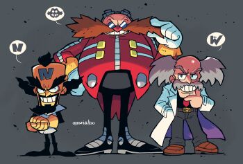 3boys absurdres bald colored_skin crash_bandicoot_(series) crossover dr._eggman dr._wily_(mega_man) evil_grin evil_smile facial_hair glasses gloves goggles goggles_on_head grin highres jacket lab_coat male_focus mega_man_(classic) mega_man_(series) multiple_boys multiple_crossover mustache neo_cortex pants rariatto_(ganguri) red_jacket scientist shoes smile sonic_(series) trait_connection white_gloves yellow_gloves yellow_skin