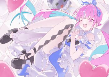 1girl absurdres balloon bare_shoulders black_shoes bloomers blue_hair commentary dress gang_h heart_balloon highres hololive looking_at_viewer minato_aqua multicolored_hair one_eye_closed pantyhose pink_eyes pink_hair shoes short_sleeves solo streaked_hair two-tone_hair underwear virtual_youtuber white_bloomers white_dress white_pantyhose