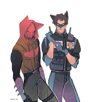 2boys alternate_costume animal_ears animal_hood artist_name bad_id bad_tumblr_id batman_(series) belt cat_ears cat_hood commentary cropped_legs dc_comics dick_grayson english_commentary harness hood kemonomimi_mode looking_at_viewer maple_dc multiple_boys nightwing police police_badge police_uniform policeman red_hood_(dc) sketch standing superhero_costume thigh_strap twitter_username walkie-talkie white_background