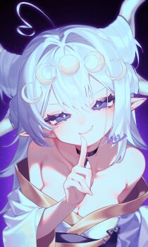 >:) 1girl absurdres ahoge asymmetrical_sidelocks bare_shoulders black_choker black_sash breasts choker cleavage collarbone commentary commission crescent crescent_hair_ornament double-parted_bangs fang finger_to_mouth from_above gem gold_trim hair_intakes hair_ornament half-closed_eyes hand_up heart heart_ahoge highres horns japanese_clothes kimono long_hair long_sleeves looking_at_viewer moon_(ornament) multiple_horns nullnull_nameko obi original pointy_ears purple_eyes sash sidelocks skin_fang small_breasts smug solo upper_body v-shaped_eyebrows white_hair white_horns white_kimono wide_sleeves