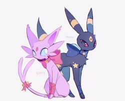 Rule 34 | bell, black eyes, blue sclera, colored sclera, creatures (company), espeon, forehead jewel, game freak, gen 2 pokemon, highres, markings, masayon, nintendo, pokemon, pokemon (creature), red sclera, ribbon, sidelocks, simple background, sitting, umbreon, white background, white eyes