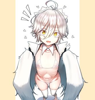 Rule 34 | 1girl, :d, actinium89, ahoge, bikini, cameltoe, colored eyelashes, commentary request, flat chest, from above, hair between eyes, harpy, highres, looking at viewer, maid, maid headdress, micro bikini, monster girl, navel, notice lines, open mouth, original, ribs, see-through bikini, see-through clothes, short hair, shrug (clothing), skinny, smile, solo, swimsuit, white bikini, white hair, winged arms, wings, yellow eyes