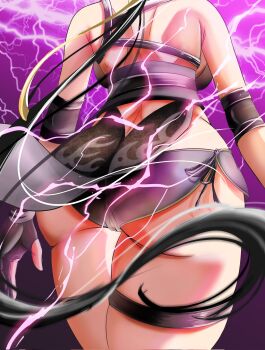 1girl ankur86096147 ass back bare_shoulders black_dress black_gloves black_hair commentary dress elbow_pads english_commentary female_rover_(wuthering_waves) from_behind from_below gloves highres lightning long_hair low_ponytail micro_shorts obi partially_fingerless_gloves pelvic_curtain ponytail purple_background ribbon rover_(wuthering_waves) sash shorts solo thigh_strap very_long_hair wuthering_waves yellow_ribbon