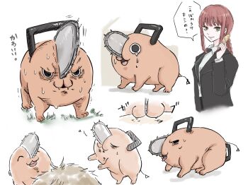 1boy 1girl black_coat black_necktie chainsaw chainsaw_man closed_mouth coat crying crying_with_eyes_open denji_(chainsaw_man) fangs grey_hair highres iing_naoe long_hair makima_(chainsaw_man) necktie open_mouth pochita_(chainsaw_man) red_hair ringed_eyes shirt sidelocks speech_bubble tears tongue tongue_out translation_request white_shirt yellow_eyes