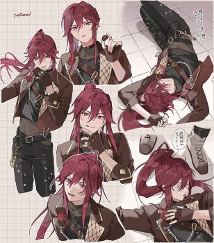1boy belt belt_buckle black_belt black_pants brown_gloves brown_jacket brown_nails buckle character_name chocolate closed_eyes closed_mouth ensemble_stars! fingerless_gloves fingernails food gloves grid_background hair_between_eyes hand_up highres holding holding_chocolate holding_food jacket lapels long_hair long_sleeves lying madoka_nozomi male_focus mc_copycat multiple_views nail_polish notched_lapels on_back on_floor open_clothes open_jacket open_mouth pants parted_lips ponytail red_eyes red_hair sidelocks smile tongue tongue_out