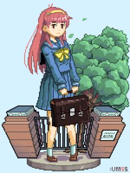 1girl animated animated_gif artist_name bag blinking blue_sailor_collar bow brown_shoes fujisaki_shiori hairband kirameki_high_school_uniform leaf long_hair looking_at_viewer pixel_art pleated_skirt red_hair sailor_collar school_bag school_uniform serafuku shoes skirt socks solo tokimeki_memorial tokimeki_memorial_1 tree umsisi white_socks wind yellow_bow