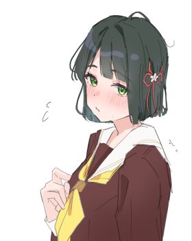 1girl black_hair blunt_bangs blunt_ends blush bob_cut brown_dress closed_mouth dress flower flower_knot flying_sweatdrops hair_flower hair_ornament hasu_no_sora_school_uniform highres link!_like!_love_live! long_sleeves looking_at_viewer love_live! momose_ginko neckerchief potu_sabu sailor_collar sailor_dress school_uniform short_hair simple_background solo virtual_youtuber white_background white_flower white_sailor_collar winter_uniform yellow_neckerchief