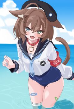 1girl :d ahoge animal_collar animal_ear_fluff animal_ears armband artist_request bandage_on_knee bandaid bandaid_on_leg bandaid_on_thigh belt_collar beret black_hat black_sailor_collar blue_eyes blue_nails blue_neckerchief blue_one-piece_swimsuit blue_sky blush breast_pocket brown_hair brown_tail cat_ears cat_girl cat_pendant cat_tail cloud cloudy_sky collar commentary_request covered_navel cropped_shirt droopy_ears fang green_eyes hair_ornament hairclip hat heterochromia highres horizon indie_virtual_youtuber long_sleeves looking_at_viewer michiyo_mao mole mole_on_thigh neckerchief ocean one-piece_swimsuit open_mouth pendant_collar pocket red_armband red_collar sailor_collar school_swimsuit school_uniform second-party_source serafuku short_hair skin_fang sky smile spanish_commentary swimsuit swimsuit_under_clothes tail thighs virtual_youtuber wading white_serafuku x_hair_ornament