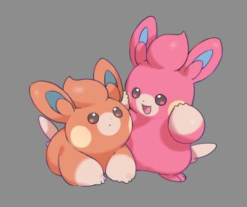 alternate_color animal_focus brown_eyes closed_mouth commentary nintendo no_humans open_mouth orange_fur pawmi pink_fur pokemon pokemon_(creature) pokemon_focus shiny_pokemon shisantian simple_background smile symbol-only_commentary