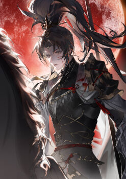 Rule 34 | 1girl, absurdres, aegyo sal, androgynous, armor, black armor, black hanfu, black robe, blood, blood on face, brown eyes, cape, chinese armor, chinese clothes, chinese commentary, closed mouth, code: kite, commentary request, curtained hair, gauntlets, guanglingwang, hanfu, high ponytail, highres, holding, holding polearm, holding weapon, horse, horseback riding, lips, long hair, long sleeves, looking at viewer, moon, parted bangs, polearm, ponytail, red moon, riding, robe, serious, shoulder armor, sidelocks, sideways glance, solo, sweater guard, tassel, upper body, v-shaped eyebrows, weapon, white cape, xiao guan (headdress), yichun583