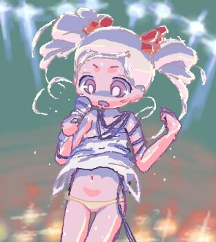 1girl blonde_hair blue_dress blue_eyes bow cartoon_network collarbone dress drill_hair flat_chest goutokuji_miyako hair_bow holding holding_microphone k-nattoh loli long_hair looking_down microphone microphone_cord navel nipples open_mouth panties powerpuff_girls powerpuff_girls_z red_bow stage stage_lights standing strapless strapless_dress sweat tied_up_(nonsexual) twin_drills underwear wardrobe_malfunction wind wind_lift yellow_panties