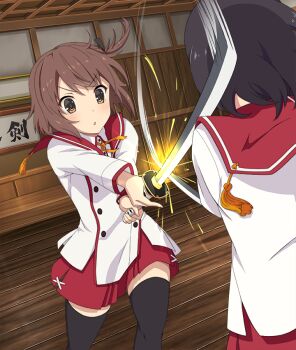 Rule 34 | 2girls, :o, black hair, black ribbon, black thighhighs, brown eyes, brown hair, buttons, dojo, dot nose, double-breasted, duel, dutch angle, etou kanami, feet out of frame, game cg, hair ribbon, holding, holding sword, holding weapon, indoors, jacket, katana, long sleeves, lunging, minoseki gakuin uniform, motion lines, multiple girls, official art, one side up, parted lips, red sailor collar, red skirt, ribbon, sailor collar, school uniform, shirt, short hair, sign, skirt, sparks, speed lines, swinging weapon, sword, sword fight, tassel, thighhighs, third-party source, toji no miko, toji no miko: kizamishi issen no tomoshibi, two-handed, weapon, white jacket, white shirt, wooden floor, zettai ryouiki