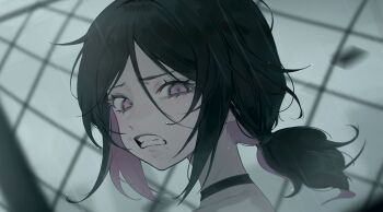 1girl absurdres ashley_graves black_choker black_hair blurry blurry_background blurry_foreground choker clenched_teeth colored_inner_hair disgust frown furrowed_brow grey_sky hair_between_eyes hair_tie hashtag-only_commentary highres k_hottok looking_at_viewer low_ponytail medium_hair multicolored_hair outdoors pink_eyes pink_hair ponytail portrait rain sidelocks simple_background sky solo teeth the_coffin_of_andy_and_leyley two-tone_hair wet