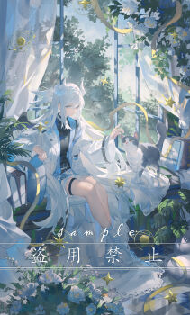 Rule 34 | 1girl, absurdres, animal, blue eyes, cat, coat, curtains, eyelashes, flower, full body, hair between eyes, head wings, highres, horns, jacket, jewelry, long hair, long sleeves, looking at animal, lyrics800, necklace, original, ribbon, sample watermark, shorts, solo, very long hair, watermark, white coat, white flower, white hair, white horns, white shorts, white wings, wings, yellow ribbon