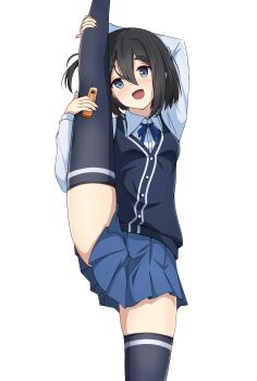 1girl absurdres amamiya_satsuki_(mono) black_thighhighs black_vest blue_bow blue_eyes blue_skirt blush bow bowtie cellphone commentary_request hair_between_eyes highres long_sleeves looking_at_viewer medium_hair mono_(afro) phone pleated_skirt shirt side_ponytail skindentation skirt smile solo split standing standing_on_one_leg standing_split thick_eyebrows thighhighs thighs vest white_background white_shirt yasuc