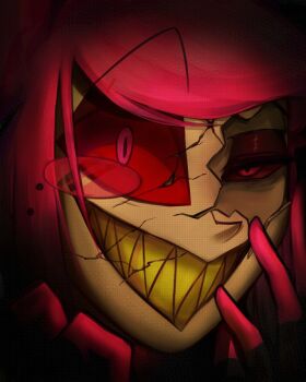 Rule 34 | 1boy, alastor (hazbin hotel), colored sclera, colored skin, cracked kawaii mask, grin, half-closed eye, hands up, hazbin hotel, hellaverse, looking at viewer, male focus, monocle, red eyes, red hair, red sclera, red skin, sharp teeth, short hair, shungnung tndsb, smile, solo, teeth