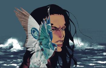 Rule 34 | 1boy, bird, black eyes, black hair, facial hair, frown, goatee, grey sky, katzufox, long hair, male focus, ocean, one piece, outdoors, parted lips, portrait, rob lucci, sky, symbolism, twitter username
