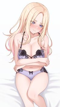 1girl absurdres blonde_hair blush bra breasts cleavage collarbone commentary_request crossed_arms gakuen_idolmaster highres idolmaster juo_sena large_breasts lingerie long_hair looking_to_the_side multicolored_hair navel panties pink_hair purple_bra purple_panties sitting solo stomach streaked_hair sulgi_park underwear underwear_only