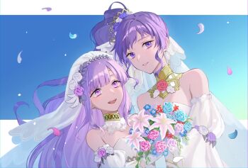 2girls :d bare_shoulders bouquet breasts detached_sleeves dress fire_emblem fire_emblem:_genealogy_of_the_holy_war fire_emblem_heroes flower hair_flower hair_ornament highres holding holding_bouquet ishtar_(bride)_(fire_emblem) ishtar_(fire_emblem) julia_(bride)_(fire_emblem) julia_(fire_emblem) long_hair looking_at_viewer medium_breasts multiple_girls nintendo official_alternate_costume open_mouth pana_(87) petals ponytail purple_eyes purple_hair smile upper_body wedding_dress white_dress
