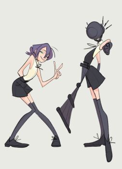 Rule 34 | 1girl, 2girls, apron, arm behind back, bare arms, bare shoulders, black apron, black choker, black shoes, black shorts, black thighhighs, bomb, bomb devil (chainsaw man), chainsaw man, choker, dual persona, explosive, full body, green eyes, grey background, hair between eyes, hair bun, highres, knees together feet apart, looking at viewer, medium hair, multiple girls, neck ribbon, one eye closed, parted lips, pointing, pointing at viewer, purple hair, reze (chainsaw man), ribbon, rudy hill, sharp teeth, shirt, shoes, shorts, sleeveless, sleeveless shirt, smile, solo, standing, teeth, thighhighs, updo, v, white shirt