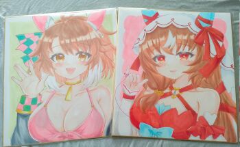 2girls :d ahoge animal_ears bare_shoulders blush bow breasts brown_eyes brown_hair cleavage collarbone commentary_request dantsu_flame_(umamusume) ear_bow hair_between_eyes highres horse_ears large_breasts long_hair long_sleeves looking_at_viewer multicolored_hair multiple_girls open_mouth parted_bangs photo_(medium) red_bow red_eyes shikishi sleeves_past_wrists smile still_in_love_(scarlet_vow_raiment)_(umamusume) still_in_love_(umamusume) streaked_hair string_around_finger terimuku traditional_media two-tone_hair umamusume upper_body veil white_hair