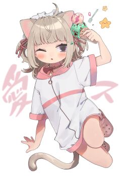 1girl :o ahoge animal_ears blush cat_ears commentary crocs english_commentary food food_on_hair grey_hair highres holding holding_ice_cream_cone ice_cream ice_cream_cone jacket kugime_no_sima looking_at_viewer maid_headdress medium_hair mint_chocolate neck_ribbon one_eye_closed original purple_eyes purple_footwear ribbon short_sleeves solo star_(symbol) text_background two_side_up