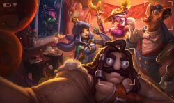 Rule 34 | 2girls, 3boys, ;d, amumu, animal ears, animal hood, archduke nasus, bad source, balloon, banana, bow, bowtie, box, buttons, cake, closed eyes, colored skin, crying, definitely not udyr, dog boy, dog ears, double-breasted, facial hair, food, fruit, glass, hat, holding, holding staff, hood, indoors, league of legends, monocle, multiple boys, multiple girls, mustache, nami (league of legends), nasus, official alternate costume, official art, one eye closed, open mouth, order of the banana soraka, pineapple, pink skin, raind, selfie, smile, soraka (league of legends), staff, straw hat, surprise party amumu, taking picture, tibbers, udyr, urf the nami-tee, white bow, white bowtie, window