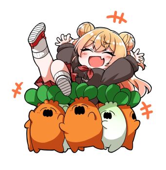+++ 1girl arms_up blonde_hair breasts brown_cardigan cardigan carrying carrying_person chibi closed_eyes commentary_request crossed_bangs double_bun fang full_body gradient_hair hair_bun hololive long_hair medium_breasts momosuzu_nene momosuzu_nene_(casual) multicolored_hair neckerchief nekko_(momosuzu_nene) official_alternate_costume open_mouth pink_hair plaid_clothes plaid_neckerchief plaid_skirt red_neckerchief red_shoes red_skirt sasaki_soujuurou shoes simple_background skin_fang skirt smile socks virtual_youtuber white_background white_socks