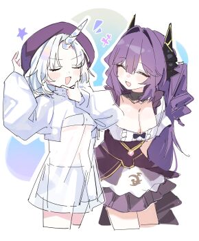 2girls :d absurdres ayatsuno_yuni beret blush breasts cleavage closed_eyes cropped_legs dress drill_hair frilled_dress frills hair_between_eyes hair_intakes hand_on_own_chin hat highres horns jacket large_breasts long_hair long_sleeves multiple_girls navel open_mouth outline puffy_sleeves purple_dress purple_hair purple_hat purple_skirt retri sakihane_huya see-through_clothes see-through_dress shorts simple_background skirt smile stellive strapless stroking_own_chin very_long_hair virtual_youtuber white_dress white_hair white_outline