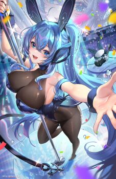 1girl animal_ears azur_lane black_leotard black_pantyhose blue_eyes blue_hair bodystocking breasts cleavage fake_animal_ears hanh_chu large_breasts leotard long_hair looking_at_viewer new_jersey_(azur_lane) new_jersey_(exhilarating_steps!)_(azur_lane) official_alternate_costume pantyhose playboy_bunny pole pole_dancing rabbit_ears see-through_cleavage see-through_clothes solo stripper_pole very_long_hair