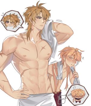 2boys abs absurdres aether_(genshin_impact) ahoge alternate_hairstyle antenna_hair arm_behind_head blonde_hair braid brown_pants closed_mouth collarbone commentary cowboy_shot english_commentary fingernails genshin_impact gold_trim hair_between_eyes hand_on_own_hip hand_up highres holding holding_towel lips lizychuu long_hair looking_at_another looking_to_the_side low-braided_long_hair low-tied_long_hair male_focus medium_hair multiple_boys muscular muscular_male nipples notice_lines one_eye_closed open_mouth orange_hair pants pectorals purple_eyes scar sidelocks simple_background single_braid smile speech_bubble spoken_character standing star_(symbol) teeth topless_male towel towel_around_neck towel_around_waist varka_(genshin_impact) white_background