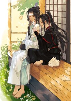 Rule 34 | 2boys, ahoge, amana raika, animal, animal on lap, barefoot, black hair, black hanfu, black rabbit (animal), blush, bug, butterfly, chinese clothes, closed eyes, closed mouth, commentary request, couple, day, flower, full body, grass, grin, hair ribbon, hanfu, headband, high ponytail, highres, holding, holding animal, holding rabbit, insect, lan wangji, leaf, leaning on person, long hair, long sleeves, looking at another, male focus, modao zushi, multiple boys, on lap, outdoors, ponytail, porch, rabbit, red ribbon, red sash, ribbon, robe, sash, sidelocks, sitting, sliding doors, smile, topknot, tree, twitter username, veranda, watermark, wei wuxian, white hanfu, white headband, white rabbit (animal), wide sleeves, xiao guan (headdress), yaoi, yellow eyes