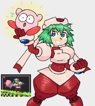 1boy 1girl :d :o android armor blue_background blue_eyes blue_gem blush blush_stickers chibi commentary crossover english_commentary full_body gem gloves green_hair hat helmet highres holding johnzuu joints kirby kirby_(series) lifting_person marina_liteyears nintendo open_mouth photo-referenced red_shoes retro_artstyle robot robot_joints shaking shoes short_hair smile standing surprised yuke_yuke!!_trouble_makers