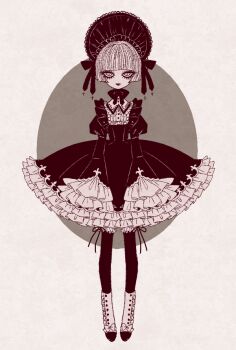 Rule 34 | 1girl, black lips, blunt bangs, bob cut, bonnet, boots, buttons, cross, dress, eleanor (ohmyeleanor), expressionless, frilled dress, frills, full body, goth fashion, gothic lolita, hat, hat ribbon, lolita fashion, looking at viewer, monochrome, original, pantyhose, puffy short sleeves, puffy sleeves, ribbon, short hair, short sleeves, sleeves past fingers, sleeves past wrists, solo, standing