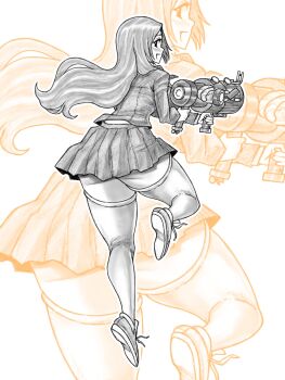 01leteo 1girl bleach bleach:_sennen_kessen-hen breasts commentary english_commentary female_focus fortnite gun holding holding_gun holding_weapon inoue_orihime karakura_high_school_uniform large_breasts long_hair looking_back monochrome school_uniform shoes thick_thighs thighhighs thighs weapon