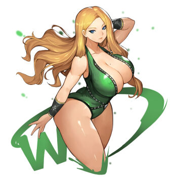 1girl arm_up bangle bare_shoulders blonde_hair blue_eyes bracelet breasts cleavage closed_mouth commission green_leotard gurimjang hair_behind_ear highres jewelry large_breasts leotard long_hair looking_to_the_side mole mole_on_breast original pixiv_commission thick_thighs thighs wrestler