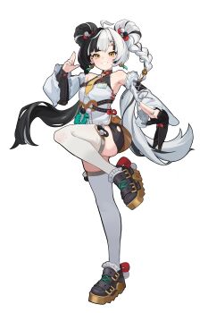 1girl absurdres black_hair black_shoes braid breasts commentary_request detached_sleeves dialyn_(zenless_zone_zero) double_bun grin hair_bun highres long_hair looking_at_viewer multicolored_hair shirt shoes simple_background small_breasts smile solo standing standing_on_one_leg thighhighs thighs twin_braids two-tone_hair white_background white_hair white_shirt white_thighhighs yellow_eyes zabutonnmame zenless_zone_zero