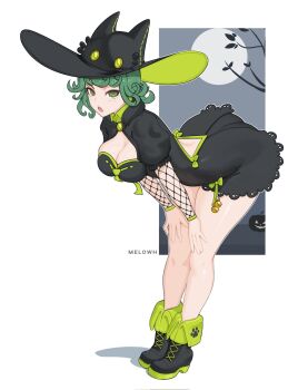 1girl :o animal_hat artist_name ass bent_over black_dress boots breasts cat_hat cleavage clothing_cutout curly_hair dress fishnets full_body full_moon green_eyes green_hair halloween halloween_costume hands_on_own_knees hat highres large_breasts leaning_forward looking_at_viewer melowh moon one-punch_man open_mouth puffy_short_sleeves puffy_sleeves short_hair short_sleeves solo standing tatsumaki thighs white_background witch_hat