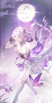 1girl absurdres adjusting_hair bare_shoulders black_gloves black_tiara breasts bug butterfly castorice_(honkai:_star_rail) cleavage commentary dress elbow_gloves flower gloves hair_behind_ear hair_flower hair_ornament hair_ribbon hand_in_own_hair high_heels highres honkai:_star_rail honkai_(series) insect large_breasts leaning_forward leggings lomelody1 long_hair mihoyo multiple_girls outdoors pointy_ears purple_eyes purple_gloves purple_hair ribbon smile solo symbol-only_commentary tiara tree tucking_hair very_long_hair white_dress white_leggings