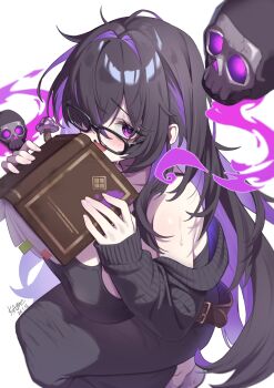 1girl bare_shoulders belt black-framed_eyewear black_cardigan black_dress black_hair blush book bookmark breasts brown_belt cardigan cardigan_partially_removed colored_inner_hair commentary_request dress floating_skull glasses goddess_of_victory:_nikke hair_over_one_eye highres holding holding_book kame_tousagi label_(nikke) large_breasts long_hair looking_at_viewer multicolored_hair mushroom open_mouth purple_eyes purple_hair purple_streaks simple_background skull sleeveless sleeveless_dress smile solo squatting sweat very_long_hair