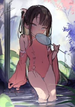 1girl blush breasts china_dress chinese_clothes covered_navel detached_sleeves dress hand_fan highres holding holding_fan loli looking_at_viewer original partially_submerged sketch small_breasts solo thighs water waymay