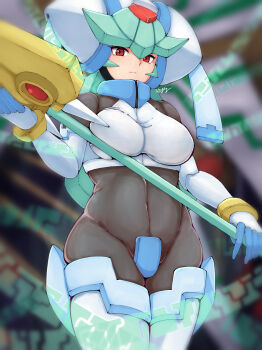 1girl absurdres armor black_bodysuit blurry blurry_background bodysuit breasts commentary cowboy_shot crotch_plate forehead_jewel green_hair helmet highres hiyoko_18-gou holding holding_staff large_breasts long_hair mega_man_(series) mega_man_zx model_w_(mega_man) pandora_(mega_man) red_eyes solo staff white_armor white_helmet