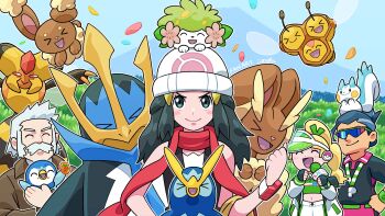 Rule 34 | 2boys, 2girls, absurdres, beanie, black hair, black shirt, blush stickers, buneary, clenched hand, closed mouth, combee, dawn (pokemon), day, emcee (pokemon), empoleon, eyelashes, falling petals, gen 4 pokemon, hair ornament, hairclip, hand up, hat, highres, judge (pokemon), komepan, legendary pokemon, long hair, lopunny, microphone, multiple boys, multiple girls, mythical pokemon, nintendo, on head, outdoors, pachirisu, petals, piplup, pokemon, pokemon (creature), pokemon dppt, pokemon on head, pokemon tcg, prinplup, professor rowan, red scarf, scarf, shaymin, shaymin (land), shirt, signature, sky, sleeveless, sleeveless shirt, smile, vespiquen, visor cap, whistle, white hat