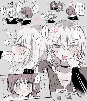 &gt;_&lt; 3girls absurdres ahoge anger_vein awa_subaru blush choker commentary finger_in_another&#039;s_mouth girls_band_cry greyscale hair_between_eyes hamchan69 highres iseri_nina kawaragi_momoka long_hair low_twintails monochrome multicolored_hair multiple_girls open_mouth pulling_tongue roots_(hair) short_hair short_twintails sweater translation_request twintails yuri