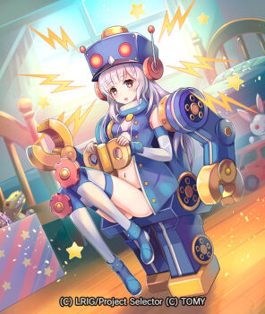 1girl blue_bra blue_jacket blue_panties blue_shoes bra breasts burikirobo_(wixoss) cleavage copyright_notice elbow_gloves gloves grey_hair hokuyuu holding holding_key jacket key long_hair looking_at_viewer official_art open_mouth panties purple_eyes see-through_clothes see-through_jacket shoes sidelocks small_breasts stuffed_animal stuffed_dinosaur stuffed_rabbit stuffed_toy thighhighs underwear white_gloves white_thighhighs winding_key wixoss